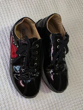 Moschino Black Patent Leather Sneakers with Red Heart Accent